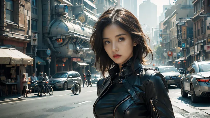 ((best quality)), (( masterpiece)), 3D, BEAUTIFUL WOMAN, Busy streets,(sci-fi city:1.3), wear black leather clothes,Stylish woman looking into the camera,complicated details that make my whole body shiver, 8K Post-production, high resolution , super detai...