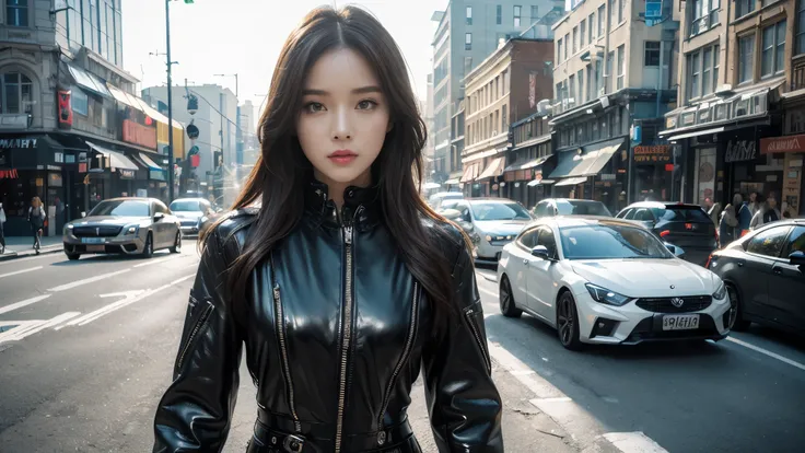 ((best quality)), (( masterpiece)), 3D, BEAUTIFUL WOMAN, Busy streets,(sci-fi city:1.3), wear black leather clothes,Stylish woman looking into the camera,complicated details that make my whole body shiver, 8K Post-production, high resolution , super detai...