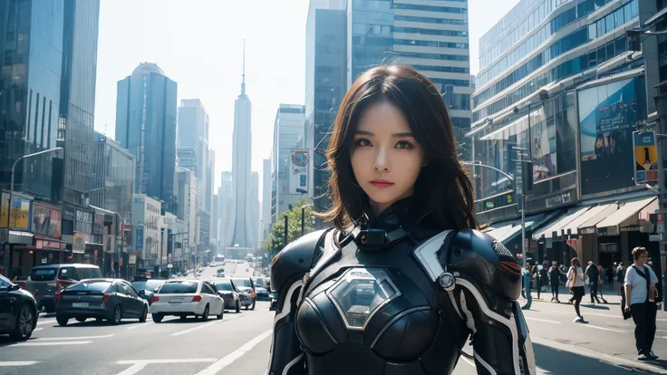 ((best quality)), (( masterpiece)), 3D, BEAUTIFUL WOMAN, Busy streets,(sci-fi city:1.3), Wearing a sci-fi exoskeleton,Stylish woman looking into the camera,complicated details that make my whole body shiver, 8K Post-production, high resolution , super det...