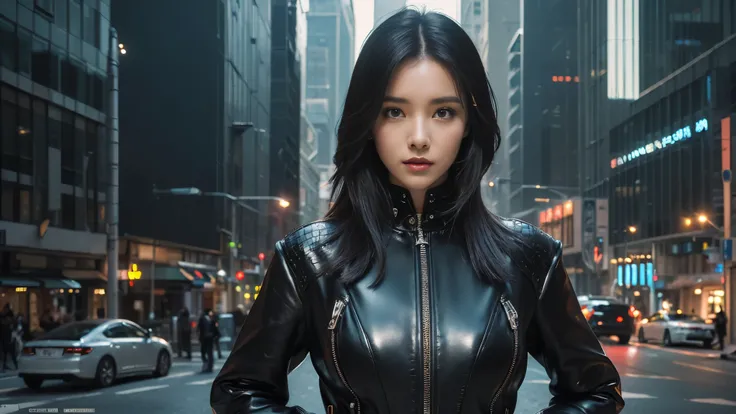 ((best quality)), (( masterpiece)), 3D, BEAUTIFUL WOMAN, Busy streets,(sci-fi city:1.3), wear black leather clothes,Stylish woman looking into the camera,complicated details that make my whole body shiver, 8K Post-production, high resolution , super detai...