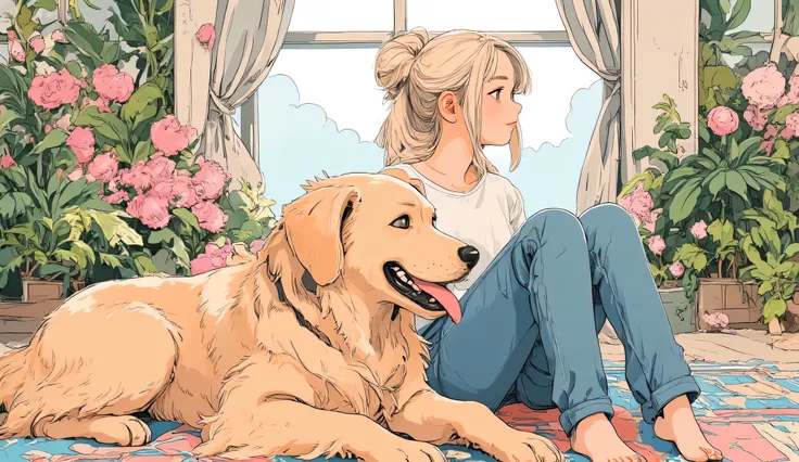 Each line is illustrated、manga style illustration, blonde hair in a bun、Happy slender 20-year-old woman、 smile brightly, When I laugh it's the crescent moon、She's wearing an oversized t-shirt, High Waist Jeans, And barefoot . next to her is a large golden ...