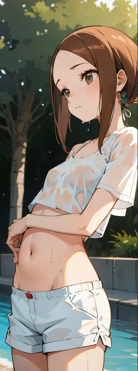 1 girl on break day, younger sister, , , small breasts, Flat chest , slim, slender, Wet Oily Body, Damaged Swimsuit , outside, , white shorts, white t-shirt, Windlight Shirt, belly button,