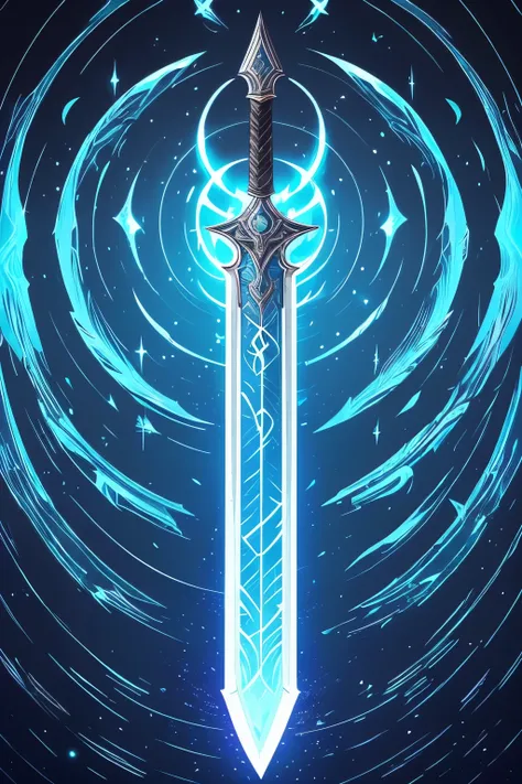 no people, no humans, no characters, no figures, no person, no body, ((Legendary Sword))、Glowing Blade、(intricate runes)、(black pattern)、(Shining Aura)、Ancient design、floating in the air、(Magic Particles)、 Sacred Energy 、holy relic、Shiny Metal、spiritual br...