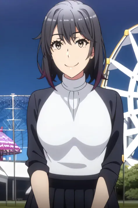     beautiful smiling woman    ，can you draw a woman laughing in front of the giant ferris wheel at Takasago Rinkai Park，Please draw a 30-year-old adult woman with a good smile，short hair and black hair，Big Breasts、 ，I need a face，white blouse，navy blue pl...