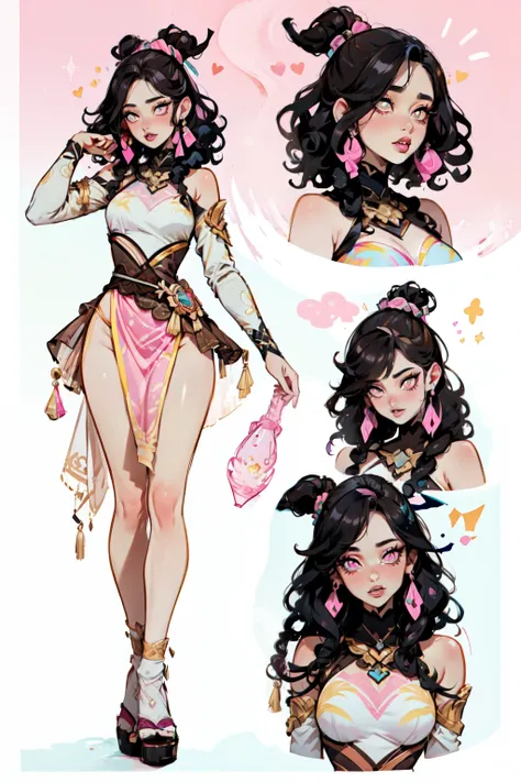 girl, short black afro curly hair, dark brown fleshy eyes, light brown skin, pink lips and cheeks, slim body; thin waist and wide hips and medium breasts. colorful and pink fantasy costume genshin impact style, unique and detailed costume, full of flirtati...