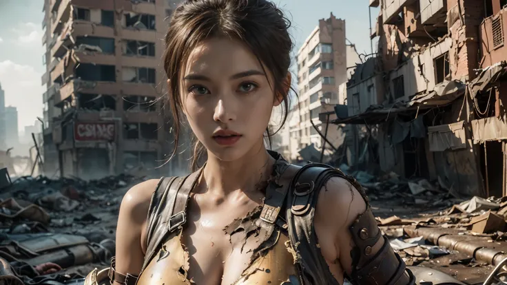 ((best quality)), (( masterpiece)), 3D, BEAUTIFUL WOMAN,big breasts,(post-apocalyptic wasteland:1.3), Wearing torn clothes,humble armor,Dirty,Looking into the camera,complicated details that make my whole body shiver, 8K Post-production, high resolution ,...