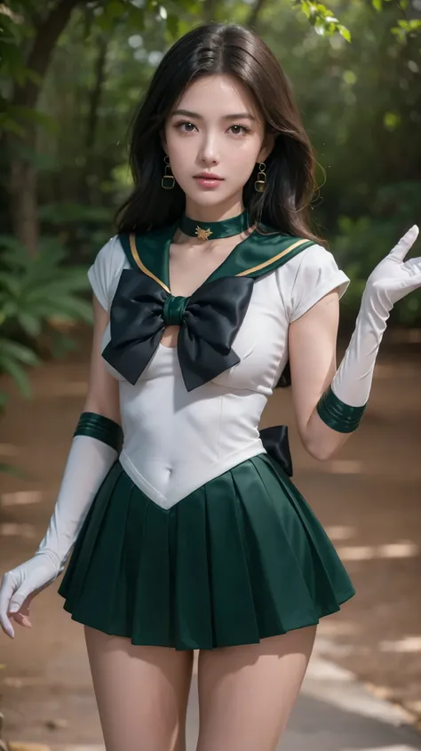 full: 1.3, Standing, Masterpiece, Realistic, Ultra-microscopic, Best Quality, Wallpaper CG Unity 8K Detail Ultra, Long hair: 1.3, dark green: 1.2, 1 small bun at the back, long bangs, (as per reference image), (all hair dark green), intricate details, (1 w...