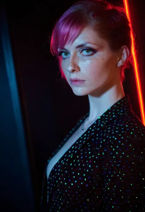 score_9,score_8_up,score_7_up, 1girl, goth, pale skin, (freckles), (dramatic lighting:0.8), neon lighting, rembrandt lighting, noir, pinup, portrait, (high resolution:1.2), intricate, (cinematic quality, extremely detailed:1.4), realistic ambient shadows,...