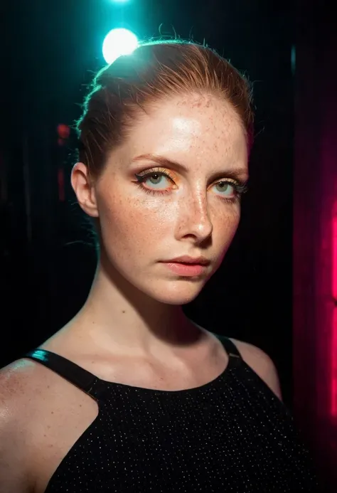 score_9,score_8_up,score_7_up, 1girl, goth, pale skin, (freckles), (dramatic lighting:0.8), neon lighting, rembrandt lighting, noir, pinup, portrait, (high resolution:1.2), intricate, (cinematic quality, extremely detailed:1.4), realistic ambient shadows,...