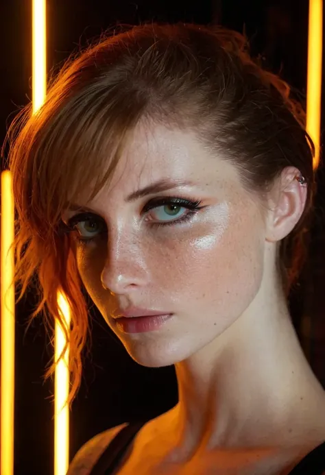 score_9,score_8_up,score_7_up, 1girl, goth, pale skin, (freckles), (dramatic lighting:0.8), neon lighting, rembrandt lighting, noir, pinup, portrait, (high resolution:1.2), intricate, (cinematic quality, extremely detailed:1.4), realistic ambient shadows,...