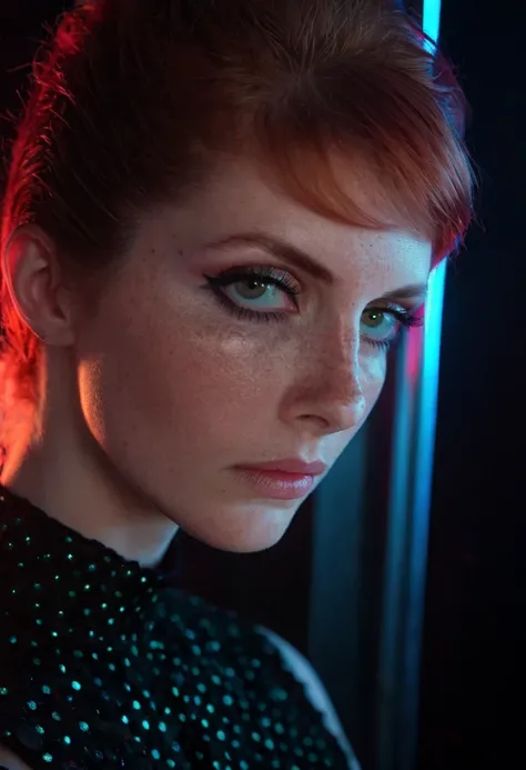 score_9,score_8_up,score_7_up, 1girl, goth, pale skin, (freckles), (dramatic lighting:0.8), neon lighting, rembrandt lighting, noir, pinup, portrait, (high resolution:1.2), intricate, (cinematic quality, extremely detailed:1.4), realistic ambient shadows,...