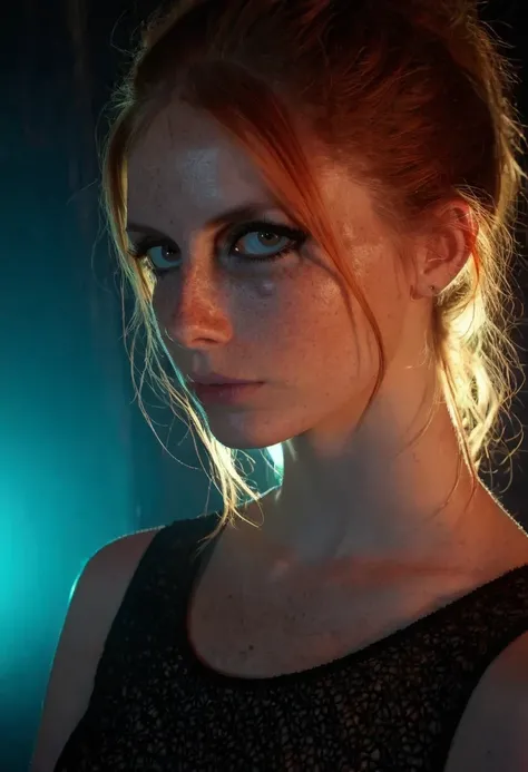 score_9,score_8_up,score_7_up, 1girl, goth, pale skin, (freckles), (dramatic lighting:0.8), neon lighting, rembrandt lighting, noir, pinup, portrait, (high resolution:1.2), intricate, (cinematic quality, extremely detailed:1.4), realistic ambient shadows,...