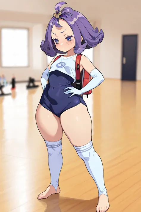 a full body girl, (Acerola, pokemon), blue swimsuit, Gloves, elbow Gloves, is wearing a red Japanese school backpack, (heavenly eyes, short purple hair), source_anime, ((masterpiece)), ( charming beauty ,  blush,  pretty girl Tsundere, voluptuous body,  sh...