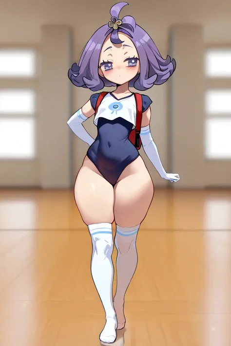 a full body girl, (Acerola, pokemon), blue swimsuit, Gloves, elbow Gloves, is wearing a red Japanese school backpack, (heavenly eyes, short purple hair), source_anime, ((masterpiece)), ( charming beauty ,  blush,  pretty girl Tsundere, voluptuous body,  sh...