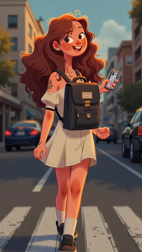 Panoramic frontal lens+hand shake,creates a real sense of thrill;The heroine turned her back to the camera,A person crossing the street with a black backpack,long brown hair,wearing a white dress,White socks and black shoes;On a cloudy street corner; illus...