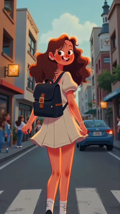 Panoramic frontal lens+hand shake,creates a real sense of thrill;The heroine turned her back to the camera,A person crossing the street with a black backpack,long brown hair,wearing a white dress,White socks and black shoes;On a cloudy street corner; illus...