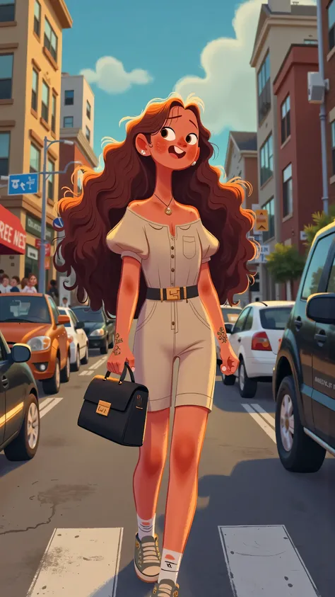 Panoramic aerial view front view+hand shake,creates a real sense of thrill;The heroine turned her back to the camera,A person crossing the street wearing a black bag,long brown hair,wearing a white dress,white socks and colored sneakers;On a cloudy street ...