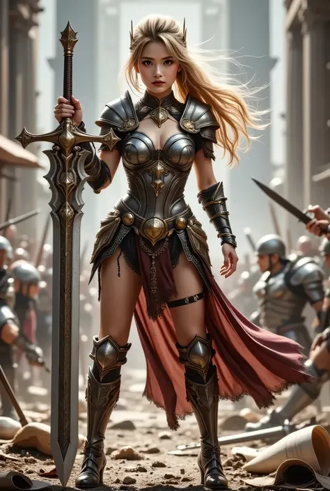 (Best Quality,4K,8k,high definition,masterpiece:1.2),Super Detail,(,photo;1.3)、 ((full body):1.3), ((detailed eyes):1.3),((Fresh)), A woman in gladiator armor、blonde hair、((I have a gorgeous large sword))、((Legendary Sword))、Highlight the large sword、gold ...