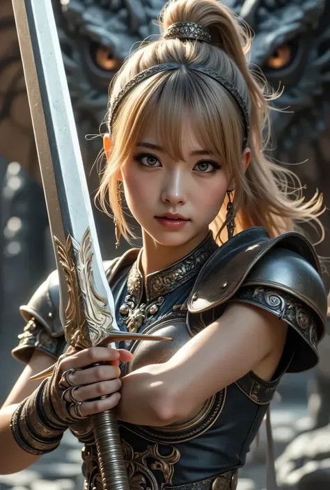 (Best Quality,4K,8k,high definition,masterpiece:1.2),Super Detail,(photo;1.3)、 ((full body):1.3), ((detailed eyes):1.3),((Fresh)), A woman in gladiator armor、blonde hair、((I have a gorgeous large sword:1.4))、((Legendary Sword))、((Fighting the Dragon:1.4))、...