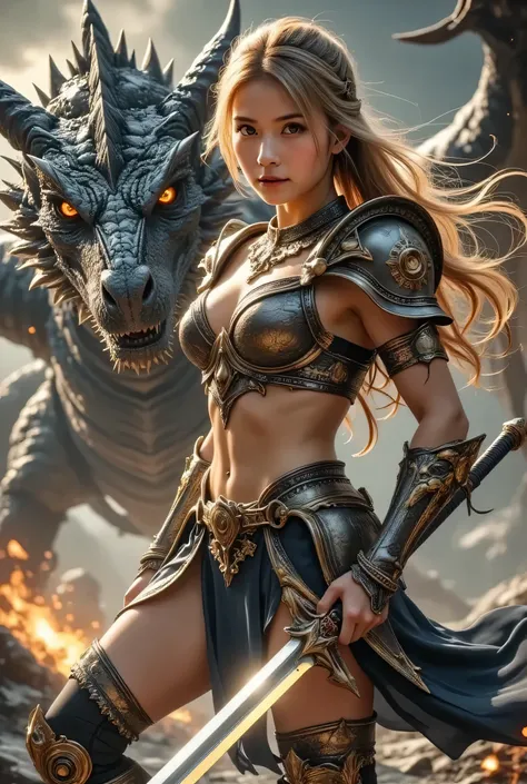 (Best Quality,4K,8k,high definition,masterpiece:1.2),Super Detail,(photo;1.3)、 ((full body):1.3), ((detailed eyes):1.3),((Fresh)), A woman in gladiator armor、blonde hair、((has a gorgeous large sword:1.4))、((Legendary Sword))、((Fighting the Dragon:1.4))、(re...