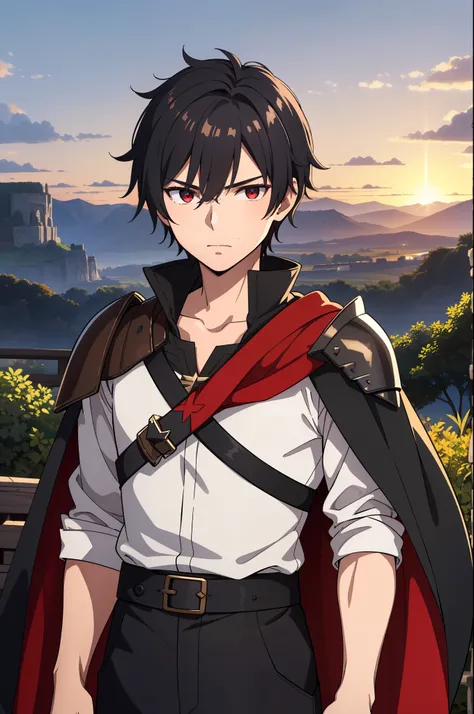 (high-quality, breathtaking),(expressive eyes, perfect face) 1boy, male, solo, young adult, Symmetrical Eyes, portrait, black hair, red eye color, short hair length, messy loose hair, neutral expression, soft smile, white shirt, black cloak red trim, fanta...