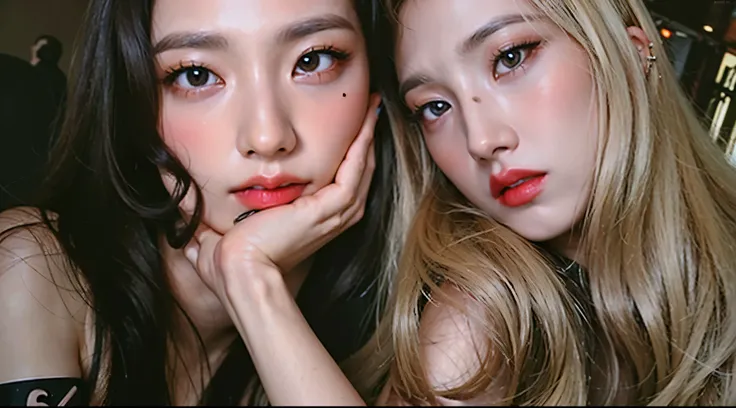 two women with long hair and piercings posing for a photo, Bella Thorne y Megan Fox, charli bowater y artgeem , ava max, beautiful Gemini twins , They are very serious, very low quality image, beautiful faces, format brown eyes and white skin, They both ...