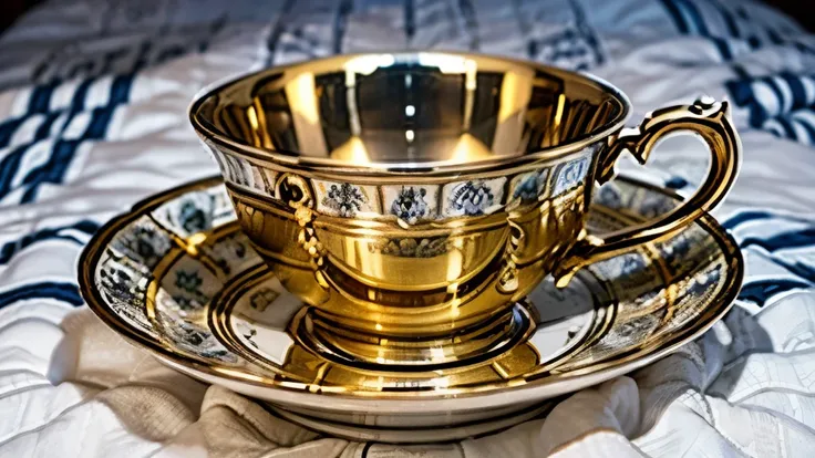 There is a cup and saucer with a gold finish, regency-era,  Cup of tea , lindamente pintado,  impressive and rich in detail , beautiful girl, finamente pintado, conjunto 1 8 6 0, Elliot Alderson, detalhe requintado, in style of euohan grenier, cranbow euen...