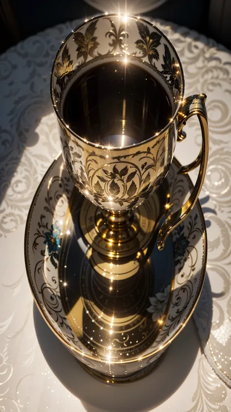 There is a cup and saucer with a gold finish, regency-era,  Cup of tea , lindamente pintado,  impressive and rich in detail , beautiful girl, finamente pintado, conjunto 1 8 6 0, Elliot Alderson, detalhe requintado, in style of euohan grenier, cranbow euenkins, porcelana, eu. Dickens - What is Dickens ?, eu.  Dickens - What is Dickens ?
