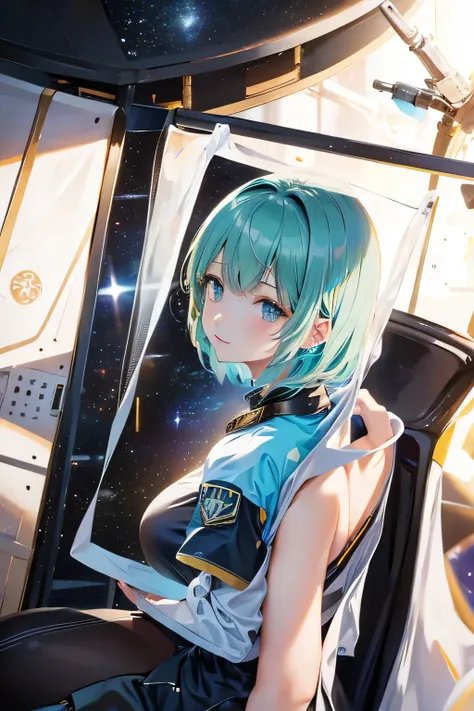 spaceship, Captain Future, comet,  Extremely detailed and beautiful design, illustrations, masterpiece,best quality, high resolution, 8k, sf, SPACE FANTASY, Extremely beautiful、Skillfully designed ,  Very Fine and Beautiful Colors , anime girl with short g...
