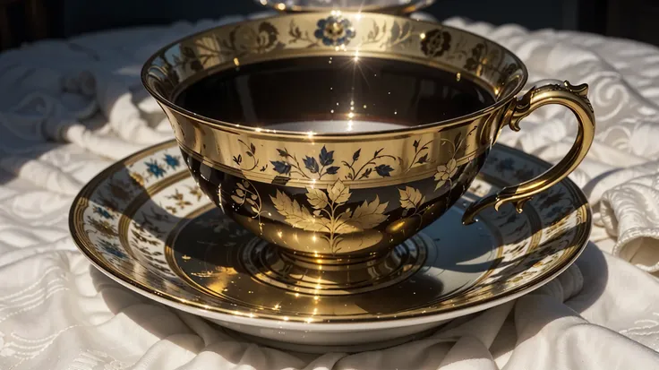 There is a cup and saucer with a gold finish, regency-era,  Cup of tea , lindamente pintado,  impressive and rich in detail , beautiful girl, finamente pintado, conjunto 1 8 6 0, Elliot Alderson, detalhe requintado, in style of euohan grenier, cranbow euen...
