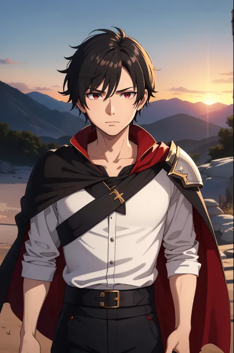 (high-quality, breathtaking),(expressive eyes, perfect face) 1boy, male, solo, young adult, Symmetrical Eyes, portrait, black hair, red eye color, short hair length, messy loose hair, neutral expression, soft smile, white shirt, black cloak red trim, fanta...