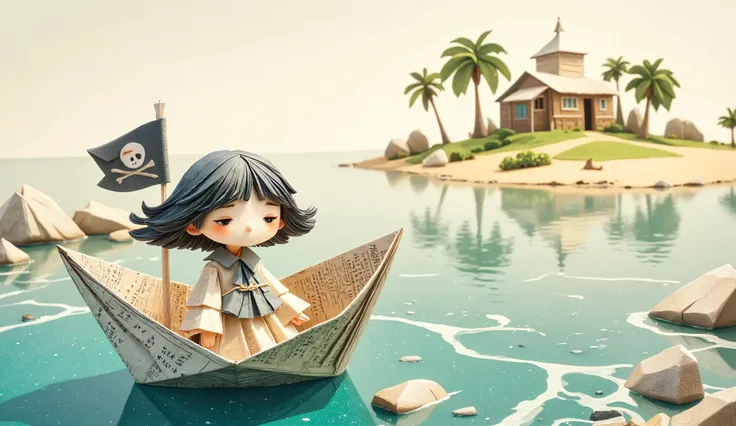 whimsical art style, illustration, a girl in a paper boat (origami style), made of newspaper pages, on the boat there is a pirate flag, the boat is on the sea heading towards an island, illustration, whimsical art style, fun image.