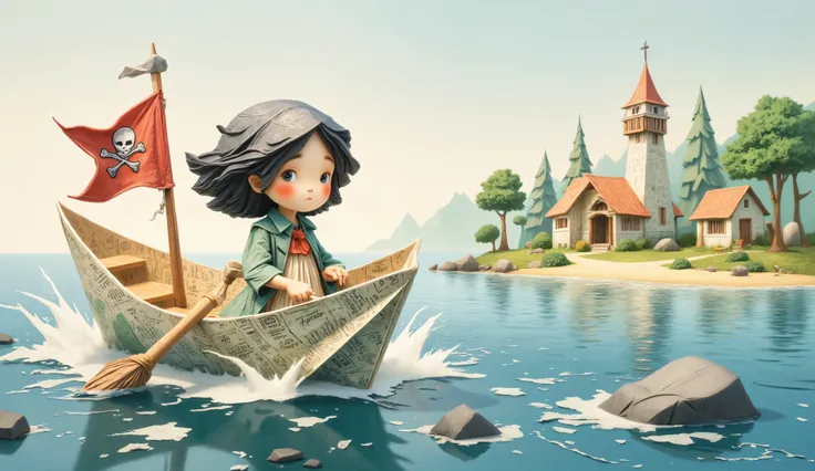 whimsical art style, illustration, a girl in a paper boat (origami style), made of newspaper pages, on the boat there is a pirate flag, the boat is on the sea heading towards an island, illustration, whimsical art style, fun image.