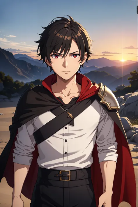 (high-quality, breathtaking),(expressive eyes, perfect face) 1boy, male, solo, young adult, Symmetrical Eyes, portrait, black hair, red eye color, short hair length, messy loose hair, neutral expression, soft smile, white shirt, black cloak red trim, fanta...