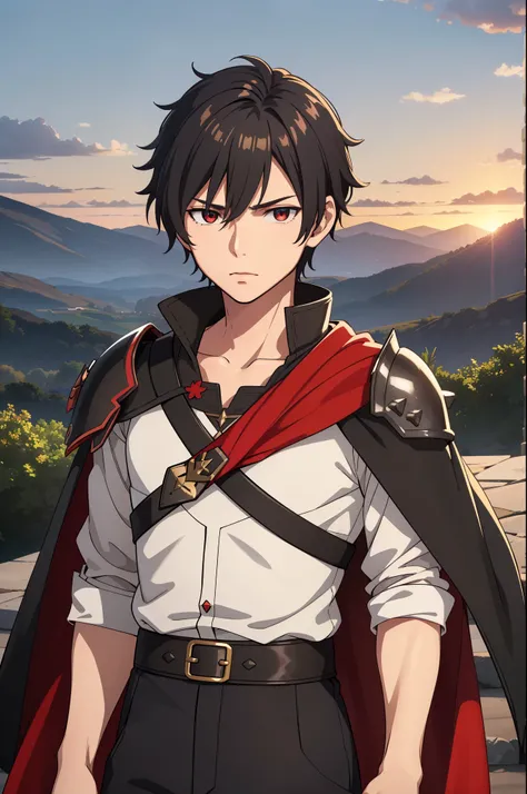 (high-quality, breathtaking),(expressive eyes, perfect face) 1boy, male, solo, young adult, Symmetrical Eyes, portrait, black hair, red eye color, short hair length, messy loose hair, neutral expression, soft smile, white shirt, black cloak red trim, fanta...
