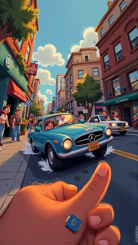 Panoramic front camera+hand shake,creates a real sense of thrill;A blue car brakes urgently,Slightly rubbed;On a cloudy street corner,Open and bright; illustration style ;Three Perspectives