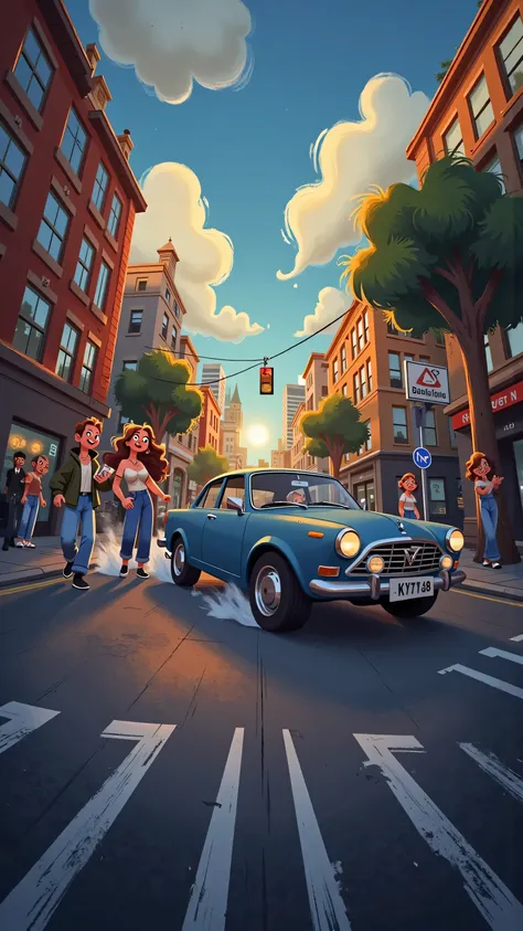 panoramic front lens+hand shake,creates a real sense of thrill;A blue car brakes urgently,Slightly rubbed;On a cloudy street corner,Open and bright; illustration style ;Three Perspectives