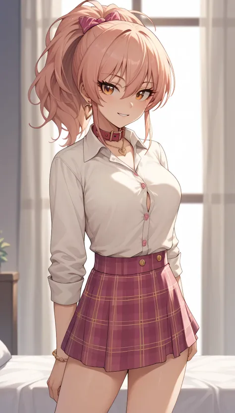 An image of Mika Jougasaki , Long hair and ponytail, wearing a white shirt with a collar and buttons and a short pink plaid skirt , posing erotically standing in a room , standing on the edge of a bed with her legs open 