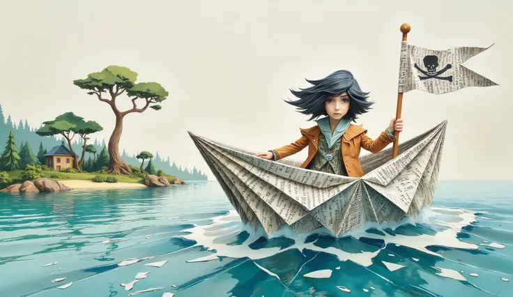 whimsical art style, illustration, a girl in a paper boat (origami style), made of newspaper pages, on the boat there is a pirate flag, the boat is on the sea heading towards an island with a forest and vegetation, illustration, whimsical art style, fun im...