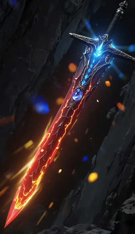 Ultra-detailed mythic sword floating in dark mystical void, fiery molten blade with glowing lava veins, celestial crystal core radiating divine blue light, ancient runes etched along the hilt, angelic energy swirling around, magical floating embers, dramat...