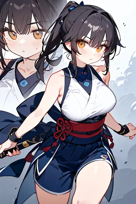 NINJA WIND,Beautiful Girl,((short ponytail)),Mysterious Atmosphere, natural body,Hand guard,( sleeveless kimono+Long hem,shorts=navy blue ninja costume) socks,detailed clothes,(slender figure,marshmallow breasts ,),beautiful dark hair,well-groomed face,I h...