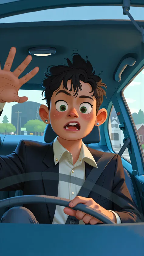panoramic front lens+hand shake,creates a real sense of thrill;Male protagonist(short black hair,green eyes,White shirt,black suit)Sitting in a panic in the blue car;On a cloudy street corner,Open and bright; illustration style ;