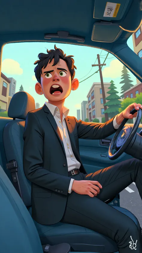 panoramic front lens+hand shake,creates a real sense of thrill;Male protagonist(short black hair,green eyes,White shirt,black suit)Sitting in a panic in the blue car;On a cloudy street corner,Open and bright; illustration style ;