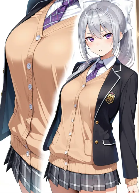 solo,masterpiece,best quality, amazing quality, highres, absurdres, very aesthetic, high resolution, ultra detailed, perfect details,nijikaede,purple eye,grey hair,long eyelashes,long hair,ponytail,white bow,hair pin,nijikaedecos,white shirt,purple necktie,plaid necktie,brown cardigan,button cardigan,blazer jacket,black jacket,open jacket,miniskirt,pleated skirt,plaid skirt,tsurime,medium breasts,look at viewer,anime screencap,mature female, parted lips,(masterpiece, detailed:1.2),