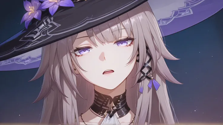 The Herta honkai star rail, unimpressed face, looking angrily at viewer, head tilt, wearing hat, open mouth