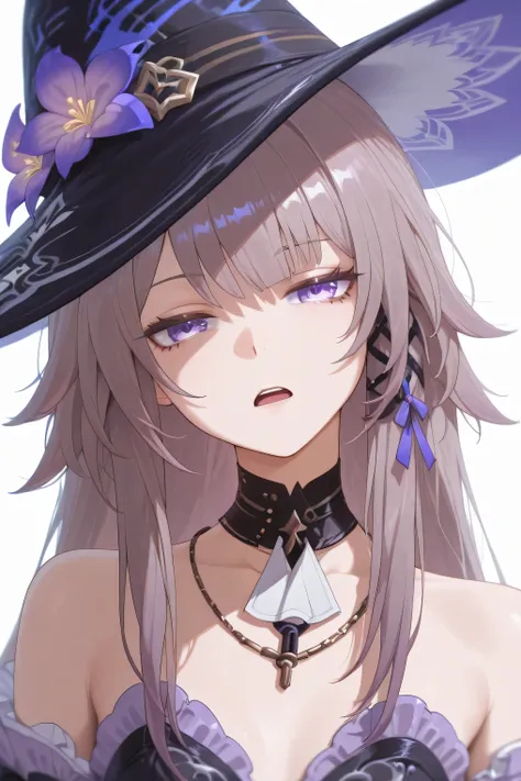 The Herta honkai star rail, unimpressed face, looking angrily at viewer, head tilt, wearing hat, open mouth
