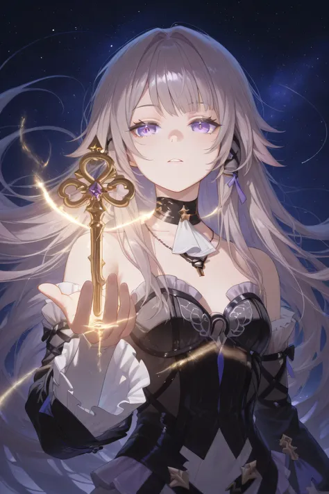 The Herta, 1 girl, observing a golden key in her one hand, against a vast starry background. looking at the key, High resolution