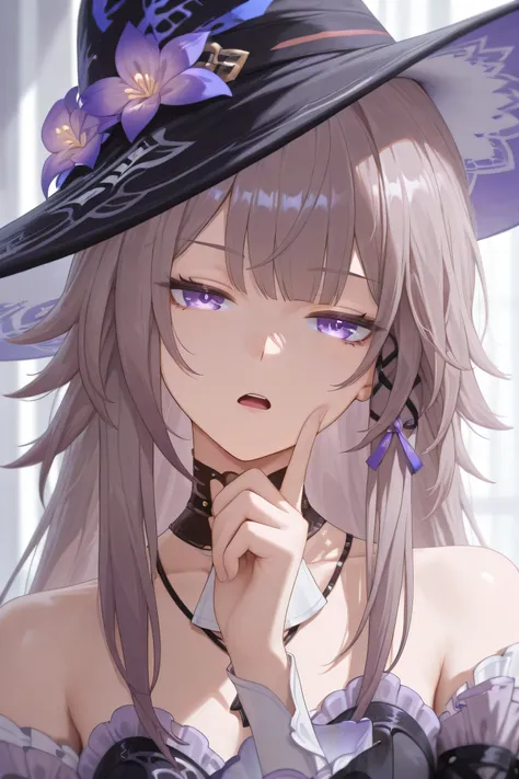 The Herta honkai star rail, unimpressed face, looking angrily at viewer, head tilt, wearing hat, open mouth, her hand approaching perspective of viewer