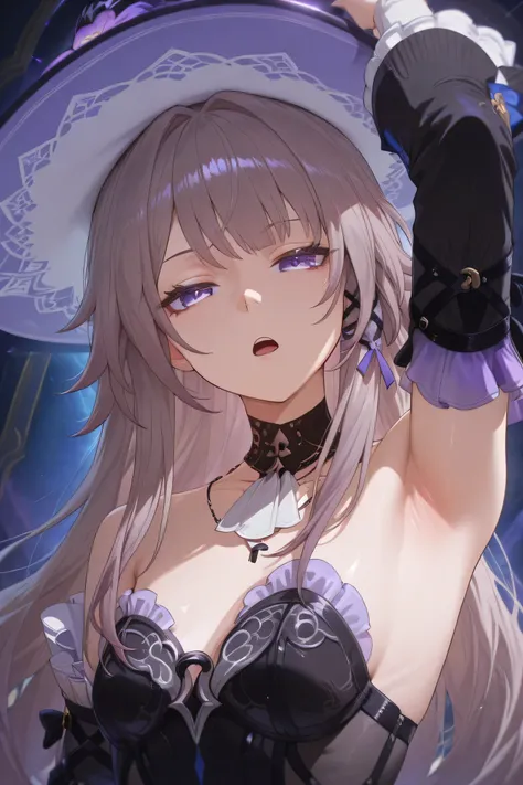 The Herta honkai star rail, unimpressed face, looking angrily at viewer, head tilt, wearing hat, open mouth, arm up, armpit showing