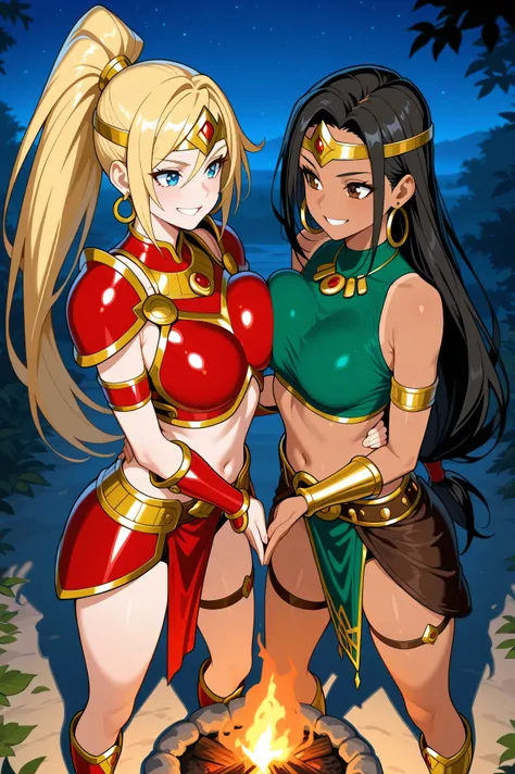 masterpiece, good quality, best quality, absurdres, highres, Amazn and src looking at each other, asymmetrical docking, breast press, above waist view, both hands on waist pose, grin, night, single campfire background, thigh strap, src wears a green crop t...